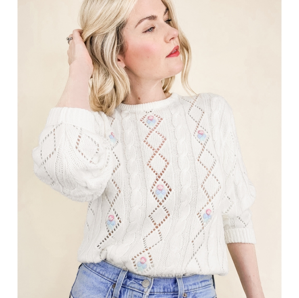 80s Ivory Floral Embroidered Pointelle VTG Sweater - Picture 6 of 16